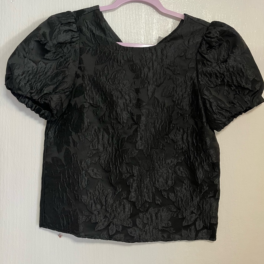 J. Crew Black Textured Puff Sleeve Blouse